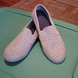 Women's size 9 gray Sperry slip ons with geometric print cutout